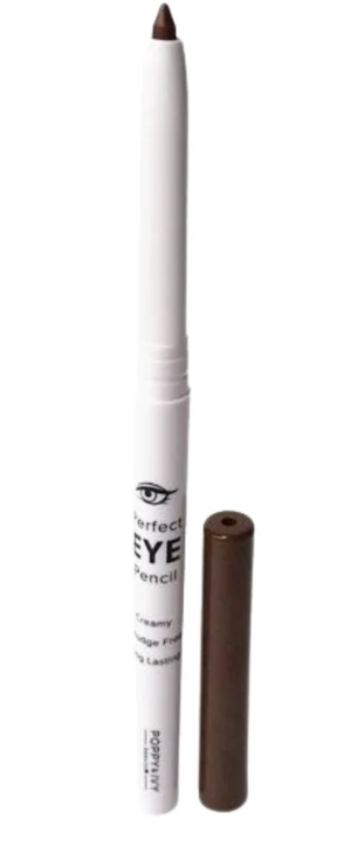 A white cosmetic eye pencil with a brown tip, shown next to its detached brown cap on a plain white background. The barrel features black text reading 'Perfect EYE Pencil' and 'Creamy Brown'.