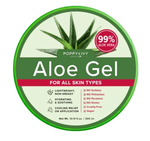 Round green container lid for Poppy's Ivy Aloe Gel, featuring a large aloe vera illustration, white text, and a red badge stating '99% Aloe Vera'.