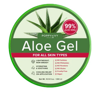 Thumbnail for Round green container lid for Poppy's Ivy Aloe Gel, featuring a large aloe vera illustration, white text, and a red badge stating '99% Aloe Vera'.