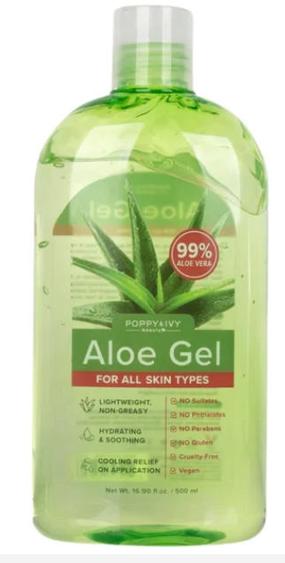 A bottle of Poppy Ivy Aloe Gel for all skin types, featuring a translucent green liquid and a white cap, with a green and red label showing an aloe vera plant.