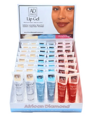 Thumbnail for A retail display box filled with small tubes of AD Products Lip Gel in multiple shades, including peach, pink, blue, and white. The display card at the top shows the brand name 'AD' and a model's face.