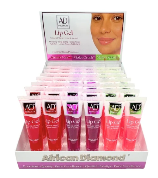 A display box filled with small tubes of AD Products Lip Gel in assorted berry and pink shades, with the front tube labeled Cherry Kiss and the display box branded African Diamond.