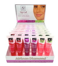 Thumbnail for A display box filled with small tubes of AD Products Lip Gel in assorted berry and pink shades, with the front tube labeled Cherry Kiss and the display box branded African Diamond.