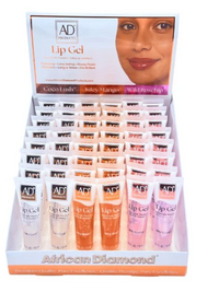 Thumbnail for A retail display box filled with small tubes of AD Products Lip Gel in multiple shades, including white, orange, and pink, with a printed insert showing a woman's face and shade names.