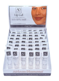 Thumbnail for A retail display box filled with small white tubes of AD Products Lip Gel, with a front panel showing the brand name, product name, and a close-up of lips. The display is photographed on a plain white background.