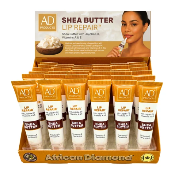 A retail display box filled with small AD Products Lip Repair Shea Butter tubes, with the main package card behind them showing the brand and product name on a white background.
