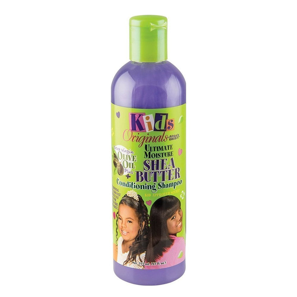 A bottle of AFRICA'S BEST Kids Originals Shea Butter Conditioning Shampoo with a purple label, featuring an image of two children with smooth hair.