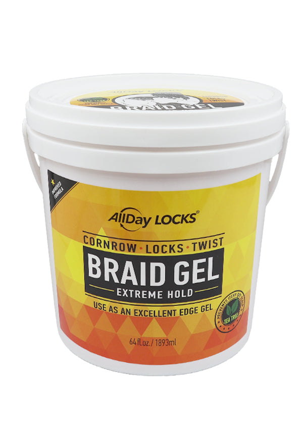 White bucket of AllDay Locks braid gel with a yellow label on a white background