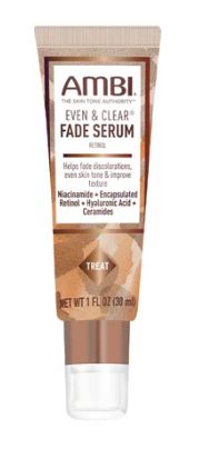 A bottle of AMBI EVEN & CLEAR FADE SERUM RETINOL with a white label and cap, on a plain background.