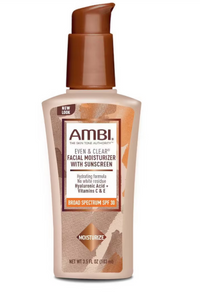 Thumbnail for A 3.5 fl oz bottle of AMBI Even & Clear Facial Moisturizer with Sunscreen, featuring a brown pump dispenser and a beige and brown patterned label.