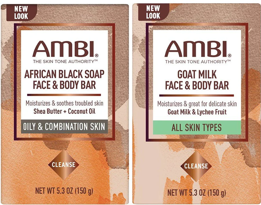 Two Ambi face and body bars with different ingredients on their packaging.
