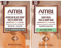 Thumbnail for Two Ambi face and body bars with different ingredients on their packaging.