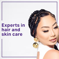 Thumbnail for Woman with braided hair and makeup, with text 'Experts in hair and skin care' on a white background