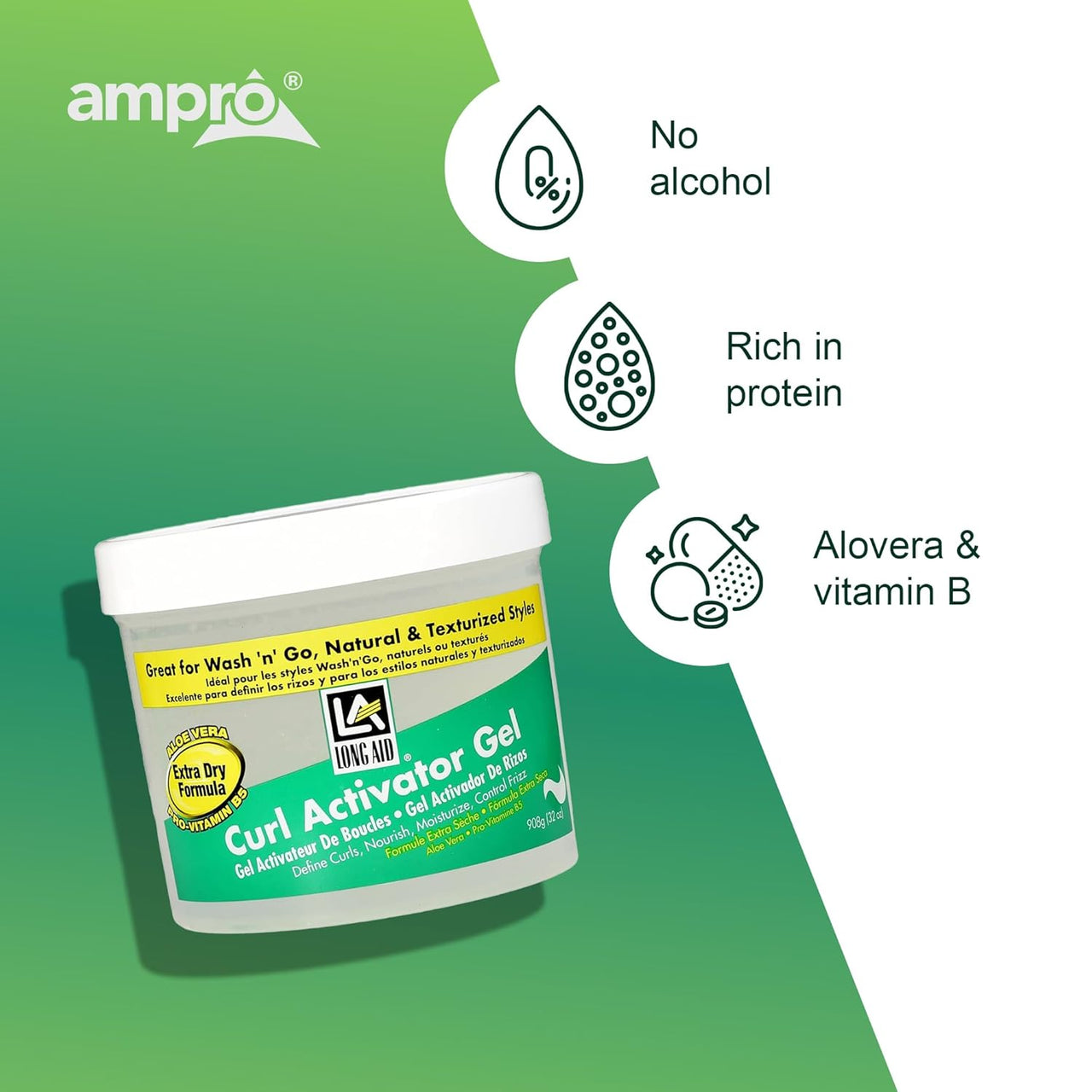 Ampro Curl Activator Gel container with green background and product features listed.
