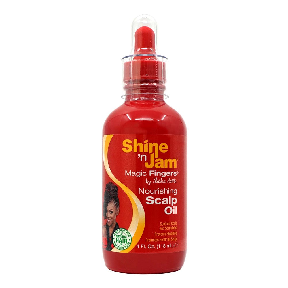 A red bottle of AMPRO SHINE 'N JAM Magic Fingers Nourishing Scalp Oil with a dropper cap.