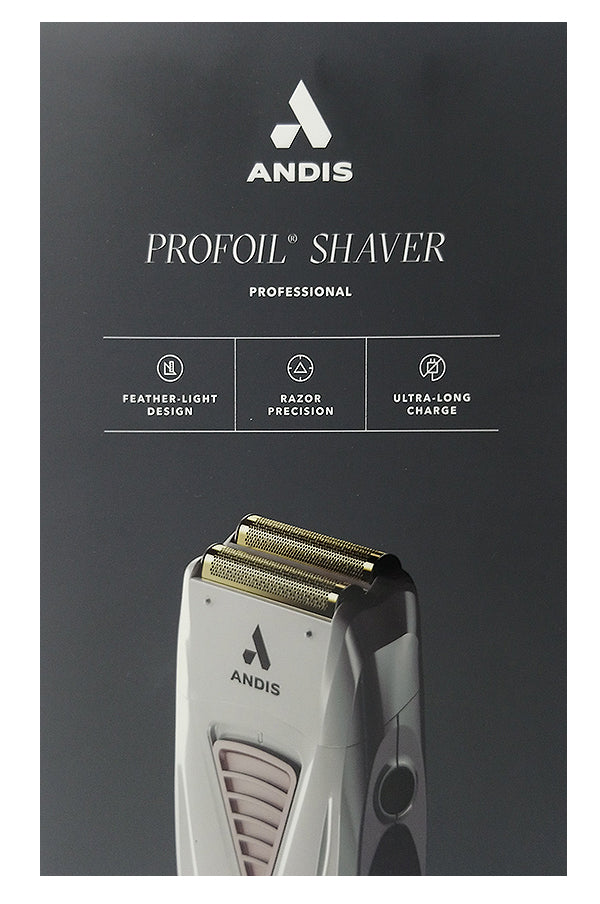 The image shows a ANDIS PROFOIL SHAVER, with a gold titanium foil and white body, against a dark background with product information text.