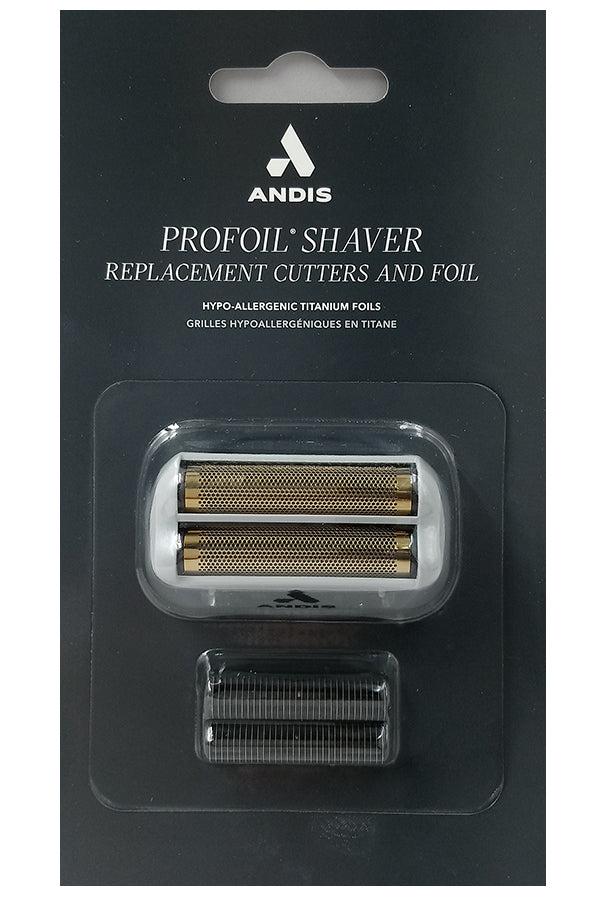 Andis Profoil shaver replacement cutters and foil packaging on a black background
