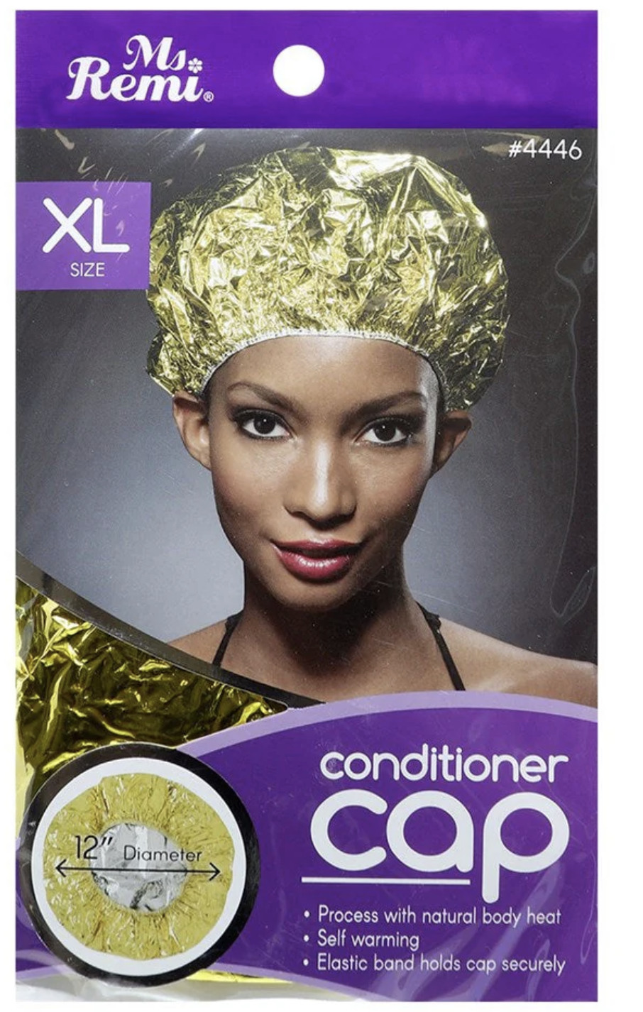 Gold conditioner cap with model wearing it on a purple and gray background, featuring 'Mrs. Remi' branding.
