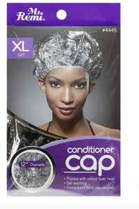 Thumbnail for Ms. Remi conditioner cap packaging with a model wearing the cap on a purple background