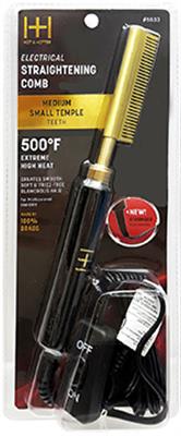Electrical Straightening Comb hair straightener in black and gold, shown in its retail blister packaging with a black cord and accessory card.
