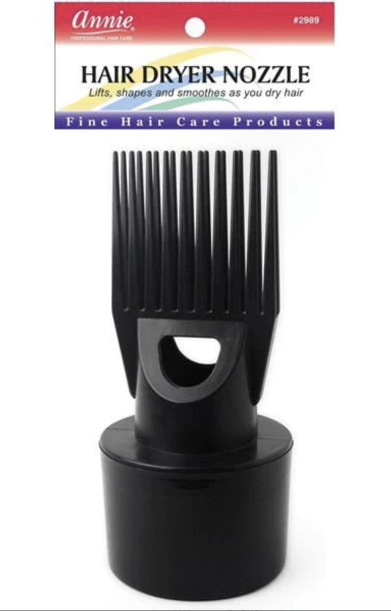 Black hair dryer nozzle with Annie branding on a white background
