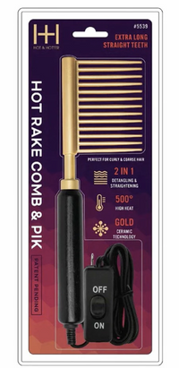 Thumbnail for Hot Rake Comb & Pik packaging with gold comb and black handle on a purple background