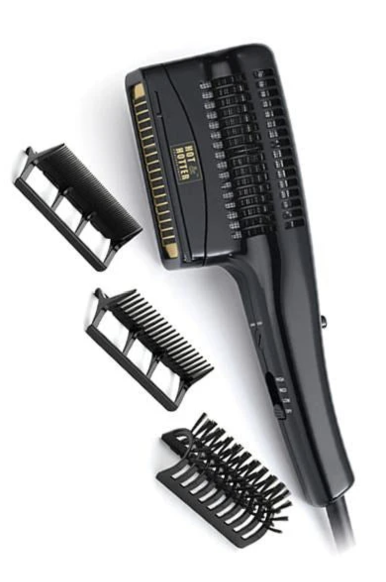 Black hair styling tool with multiple attachments on a white background