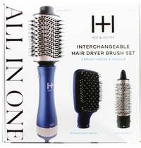 Thumbnail for Hot & Hotter interchangeable hair dryer brush set packaging with three brush heads and handle on a white background.