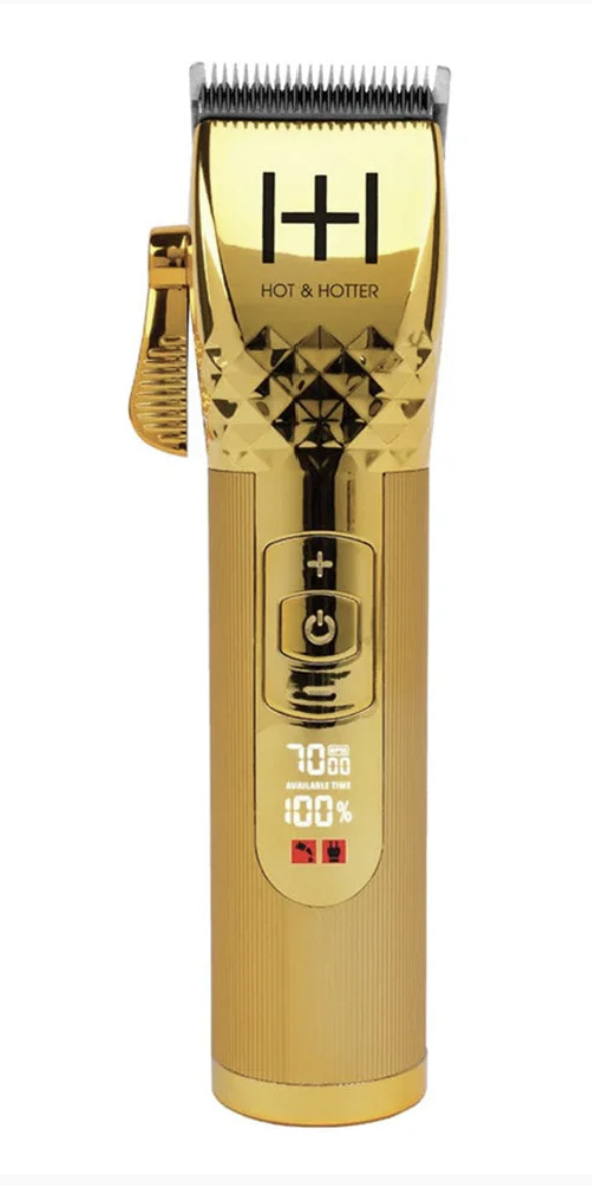 Gold hair clipper with brand logo on a white background