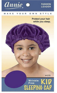 Thumbnail for Purple sleeping cap for kids on a packaging with a child model, featuring Annie brand.