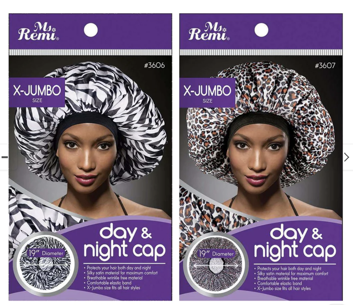 Two packages of Mr. Remi X-Jumbo day and night caps with models wearing the caps.