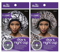 Thumbnail for Two packages of Mr. Remi X-Jumbo day and night caps with models wearing the caps.