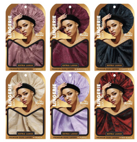 Thumbnail for Set of six packaging designs for lingerie satin bonnets with a model on each, featuring different colors.