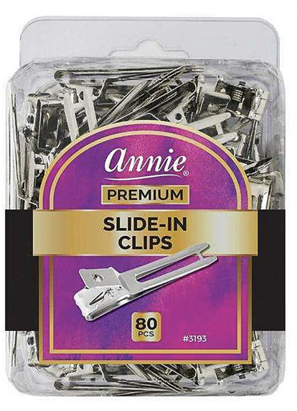 Pack of Annie slide-in clips with purple label and clear packaging.
