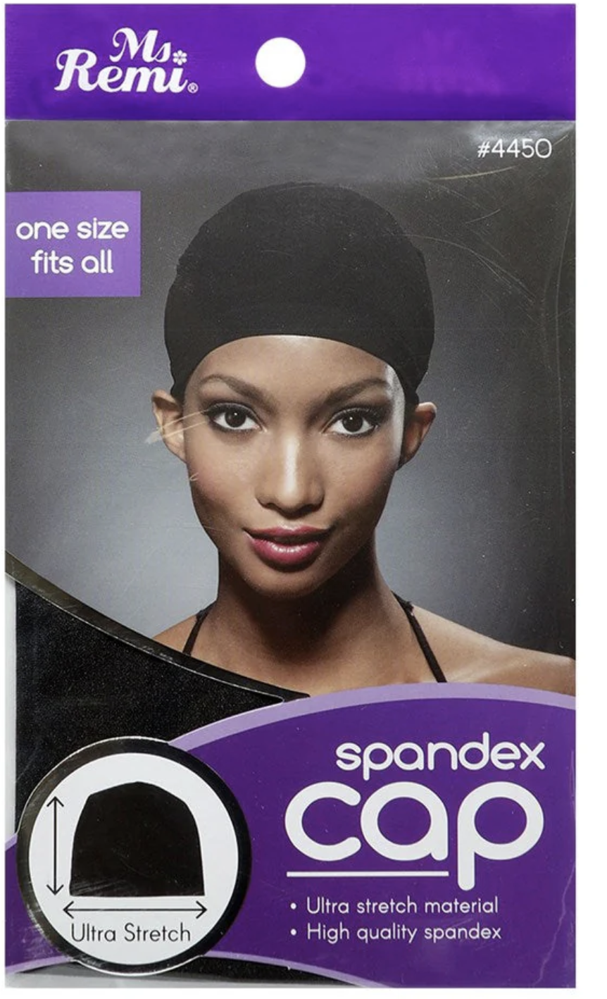 Spandex cap packaging with a model and purple branding