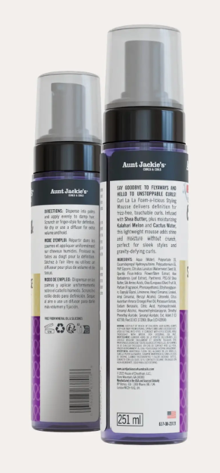 Two bottles of Aunt Jackie's hair product with labels on a white background