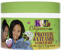 Thumbnail for Jar of Kids Organics hair product with green lid and label featuring images of children and text about protein and vitamin fortification.