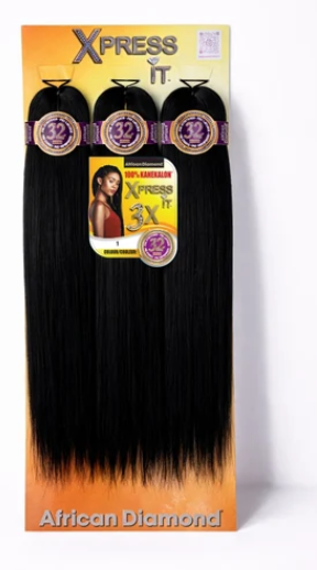 Three bundles of straight black hair extensions on a retail display card labeled Xpress it. African Diamond.