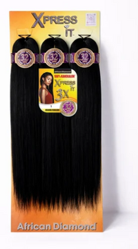 Thumbnail for Three bundles of straight black hair extensions on a retail display card labeled Xpress it. African Diamond.