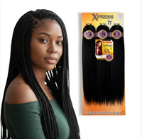 Thumbnail for Woman with braided hair next to a package of XPress It hair extensions on a white background