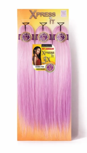 Three bundles of Xpress It hair extensions in a pink ombre color fading to purple at the tips, displayed on their original retail packaging card.