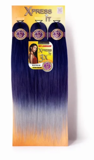 Three bundles of Xpress It hair extensions by RPL.Emeliah, featuring a dark blue to light beige ombré color gradient, displayed on their original retail backing card.