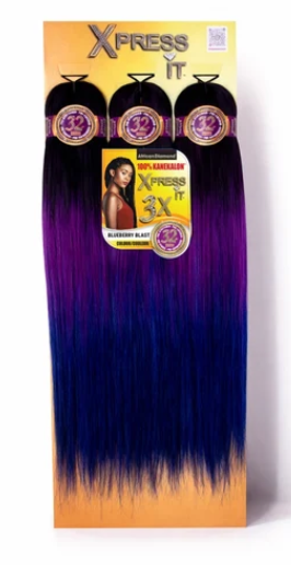 Xpress It 3-pack of synthetic hair extensions in a blue-to-purple ombre color, displayed on their original retail packaging card.