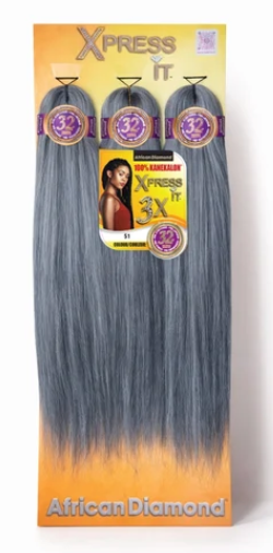 A package of Xpress It 3x hair wefts in the shade African Diamond, featuring three bundles of straight, dark gray hair with a lighter ash-blonde gradient at the tips, displayed on a yellow and orange gradient cardboard backing.