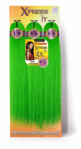 Three bright green hair extension bundles in a retail display card with orange and yellow gradient borders. The packaging features the brand names 'Xpress It' and 'African Diamond'.