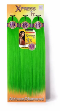 Thumbnail for Three bright green hair extension bundles in a retail display card with orange and yellow gradient borders. The packaging features the brand names 'Xpress It' and 'African Diamond'.