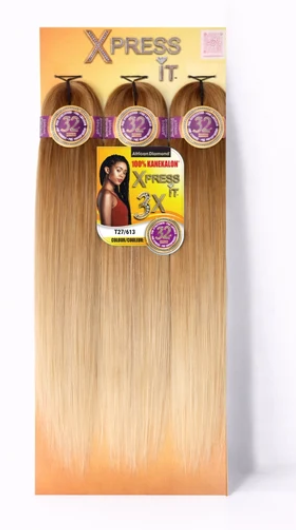 Xpress It 3X hair extensions bundle on a branded cardboard display card, featuring four light brown to blonde ombré wefts with purple bands and a central model label.