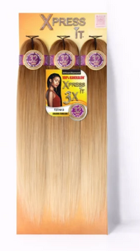 Thumbnail for Xpress It 3X hair extensions bundle on a branded cardboard display card, featuring four light brown to blonde ombré wefts with purple bands and a central model label.