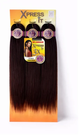 Three bundles of Xpress It 3X hair extensions in a dark brown ombré color, packaged on a yellow and orange cardboard backing.