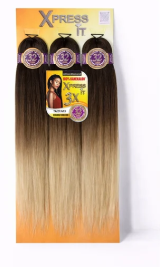 Three bundles of Xpress It 3X hair extensions with a dark brown to light blonde ombré color, displayed on their orange and yellow retail backing card.